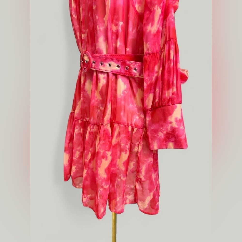 Dress Women Size Large Pink Tie Dye Mini Ruffle Long Sleeves Tiered Skirt Sheer - Picture 15 of 15